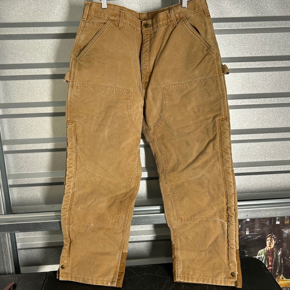 VINTAGE Carhartt Pants Mens 40x30 Brown Double Knee Blanket Lined Workwear Duck